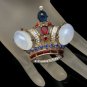 TRIFARI STERLING PAT PEND Brooch Pin Vintage 1940s Large Crown Glass Rhinestones Red White Blue