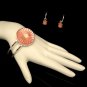 MONET Mid Century Pink Mother of Pearl Vintage Bracelet Earrings Set Carved MOP Hoop Dangles