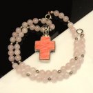 Vintage Cross Necklace Rose Quartz Beads Reversible Filigree