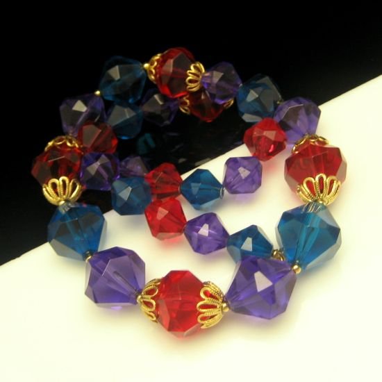 Vintage TRIFARI Chunky Jewel Tone Red Blue Purple Lucite Beads Necklace