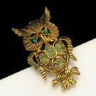 Charming Jade Green Rhinestones Vintage Owl Brooch Pin