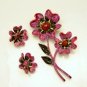 Signed ART Vintage Purple Red Enamel Flower Brooch Pin Earrings