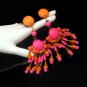 Huge Colorful Vintage Orange Pink Wood Beads Dangle Post Earrings
