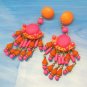 Huge Colorful Vintage Orange Pink Wood Beads Dangle Post Earrings