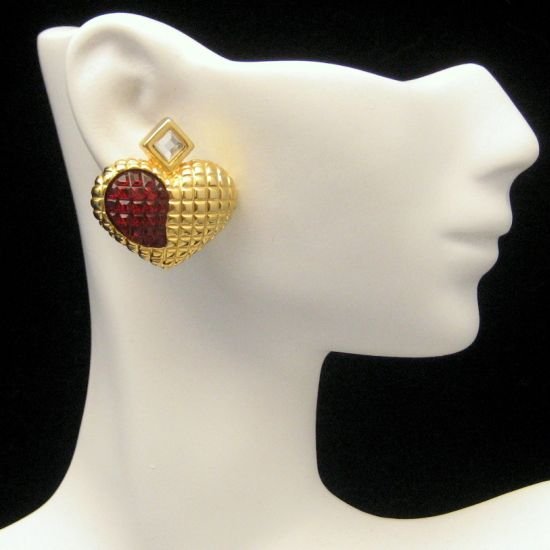 Large Vintage Hearts Red Waffle Crystal Rhinestone Earrings