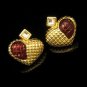 Large Vintage Hearts Red Waffle Crystal Rhinestone Earrings