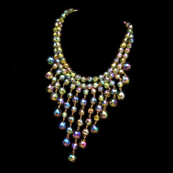 Vintage AB Crystal Beads Necklace Mid Century Massive Fringe Bib 2 Strands Brilliant Dangles
