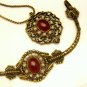Vintage Pendant Necklace Bracelet Set Victorian Revival Red