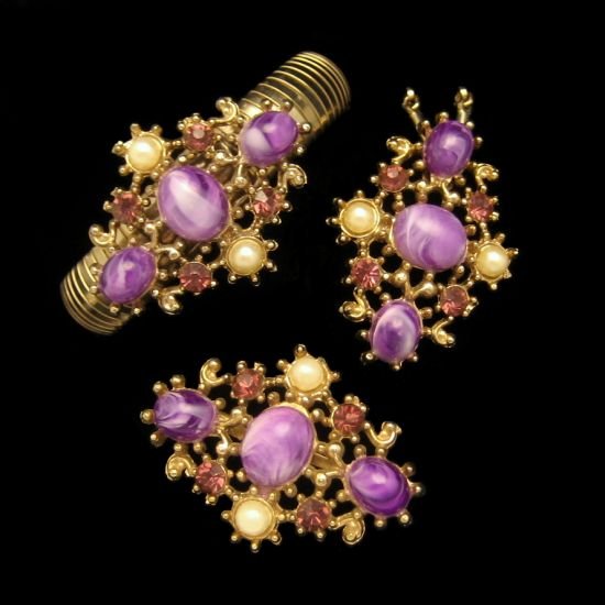 Vintage Necklace Bracelet Brooch Pin Mid Century Purple Swirl Stones Set Rhinestones