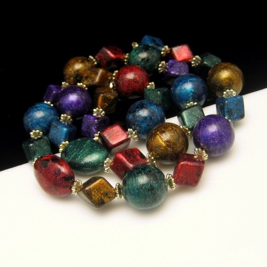 Vintage Confetti Beads Long Necklace Large Multicolored Jewel Tone Chunky