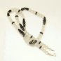 Vintage Glass Beads Long Necklace Frosted White Black Rhinestone Rondelles