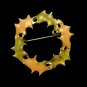 Vintage Enamel Brooch Pin Circle Wreath Orange Green Leaves Goldtone