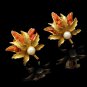 CAPRI Vintage Faux Pearl Coral Glass Clip Earrings Leaf Matte Goldtone
