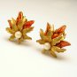 CAPRI Vintage Faux Pearl Coral Glass Clip Earrings Leaf Matte Goldtone