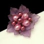 Vintage Brooch Pin Figural Flower Purple Leaves Pink Glass Beads
