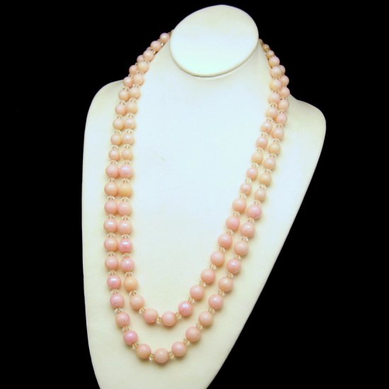 Vintage Long Necklace 2 Multi Strands Pink Acrylic Beads Crystals