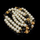 Vintage Long Necklace Faux Pearls Onyx Glass Fluted Goldtone Beads