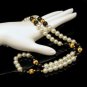 Vintage Long Necklace Faux Pearls Onyx Glass Fluted Goldtone Beads