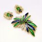 POLCINI Vintage Brooch Pin Earrings Set Blue Green Enamel Rhinestones