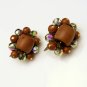 Vintage Clip Earrings Swarovski Vitrail AB Crystals Chunky Brown Beads