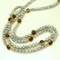 Vintage Long Necklace Gray Faux Pearls Beads Purple Bezel Set Lucite Stones