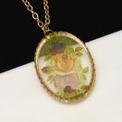 Vintage Necklace Large Oval Reverse Lucite Red Roses Pendant Long Chain