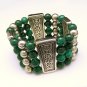 vintage Wide Egyptian Bracelet 4 Strand Green Lucite Beads Engraved Panels