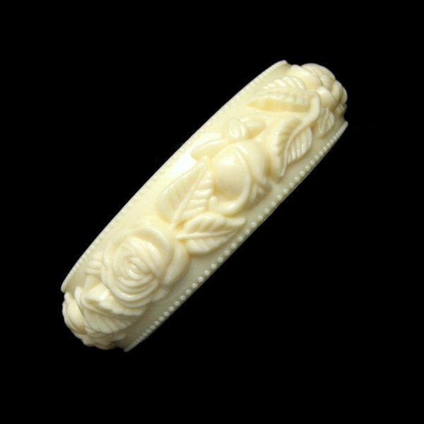 Vintage Wide Bangle Cuff Bracelet Cream Acrylic Carved Flowers Roses Large 8in