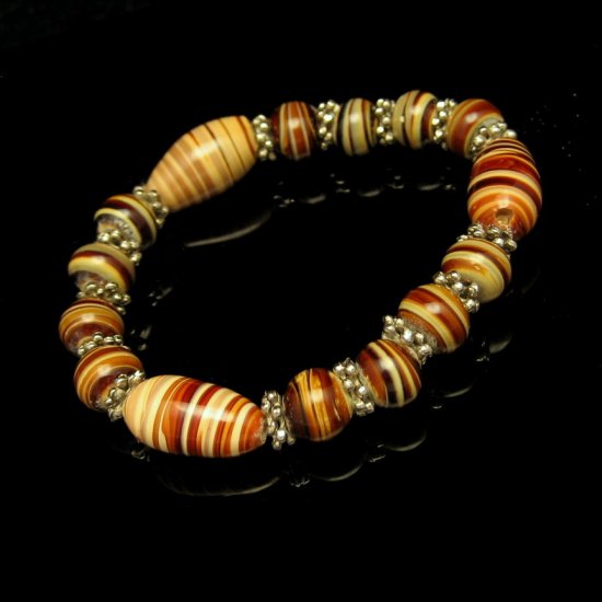 Vintage Chunky Art Glass Silvertone Bali Beads Bracelet Tan Brown Red Yellow Swirls