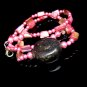 Vintage Necklace Mid Century Dyed Pink Mother of Pearl Glass Beads Large Brown Stone Pendant