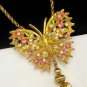 ART Vintage Butterfly Necklace Mid Century Art Glass Rhinestones Tassels Pink Blue