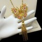 ART Vintage Butterfly Necklace Mid Century Art Glass Rhinestones Tassels Pink Blue
