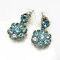 Vintage Earrings Mid Century Aqua Blue Rhinestones Flower Dangles Pierced Very Pretty