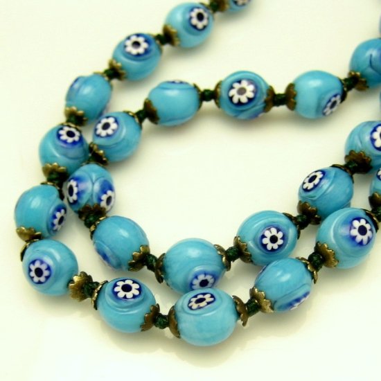 Vintage Millefiori Cane Beads Necklace Mid Century Rare Aqua Blue Knotted Unique