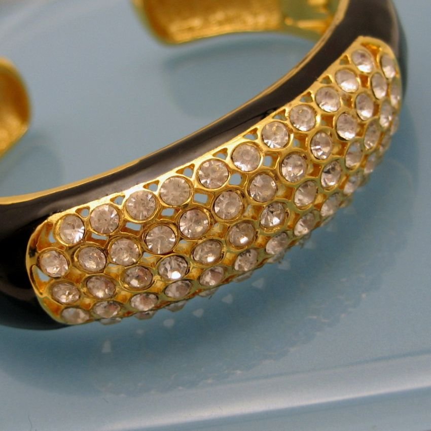 Vintage Wide Bangle Bracelet Mid Century Black Enamel Rhinestones