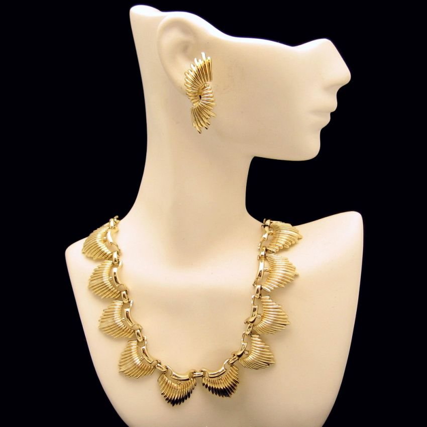 CORO Vintage Necklace Earrings Set Mid Century Modernist Spiked Half Moons Gold Plated