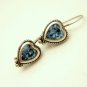 Vintage Heart Earrings Sterling Silver Mid Century Aqua Blue Glass Foiled Pierced