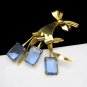 STERLING Silver Vermeil Vintage Brooch Pin Mid Century Retro Huge Blue Glass Flowers