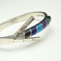 TAXCO MEXICO 925 Vintage Bangle Bracelet Mid Century Gemstones Sterling Silver Arrow Inlay Hinged