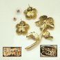 NOLAN MILLER Vintage Brooch Pin Earrings Coral Enamel Rhinestones Set Flowers Gorgeous