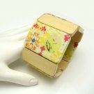 Vintage Painted Wood Panels Bracelet Mid Century Extra Wide Stretch Yellow Red Small Wrist