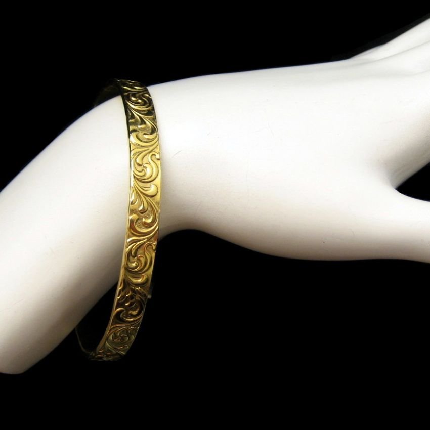 Vintage Bangle Bracelet Mid Century Nouveau Style Engraved Flowers Gold Plated Very Pretty