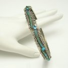 Vintage Bangle Bracelet Mid Century Aqua Rhinestones Green Glass Beads Silver Plated