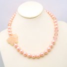 Vintage Necklace Mid Century Pink Rose Quartz Butterfly Pendant Crystal Beads Faux Pearls