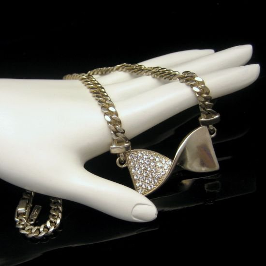 Vintage Rhinestone Bow Pendant Necklace Mid Century Designer Chunky Thick Silvertone Chain