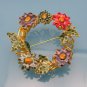 Vintage Wreath Brooch Pin Large Mid Century Colored Enamel Flowers Spiraled Goldtone Unique