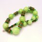 Art Deco Style Green Glass Beads Vintage Necklace Mid Century Mottled Brass Crystal Large Chunky