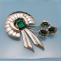 STERLING Vintage Brooch Pin Mid Century Silver Flower Green Glass Retro Lovely