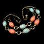 Mid Century Blue Orange Beads Vintage Necklace Bracelet Set Chunky Speckled Bold Colorful