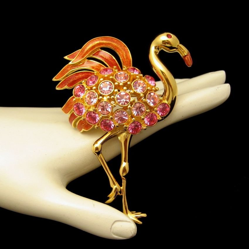 TRIFARI Vintage Pink Flamingo Brooch Pin Enamel Rhinestones Huge Striking